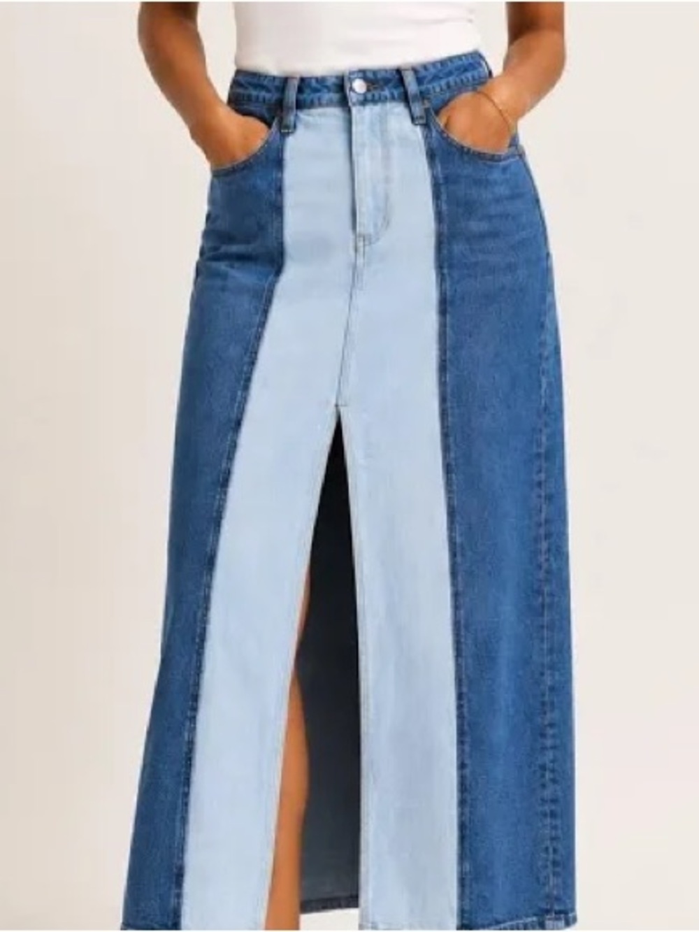 Alice + Olivia Two-Tone Blue Denim Maxi Skirt with Center Slit